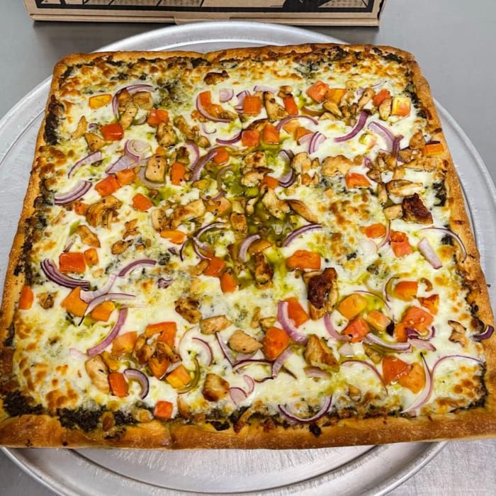Sicilian Chicken Pesto Pizza.